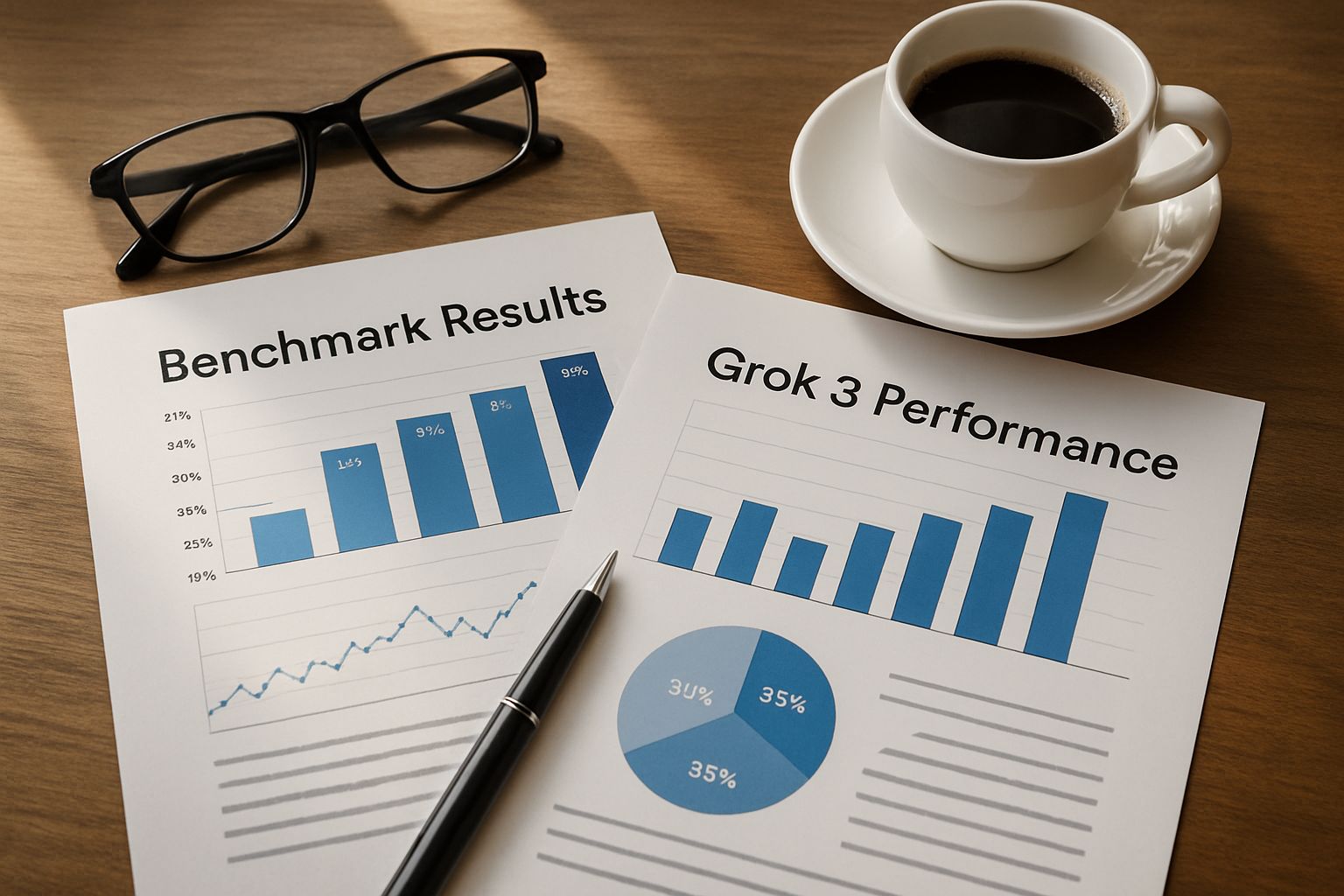 Benchmark Fraud highlighted on Grok 3 performance printed reports on desk