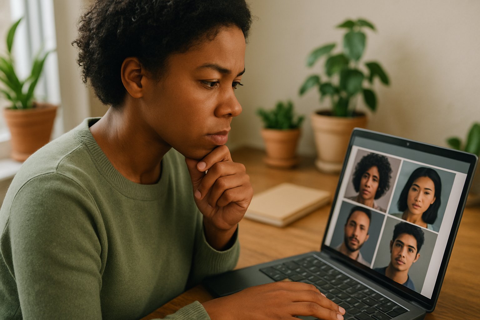Woman reviewing Representation Bias in AI image results on laptop.