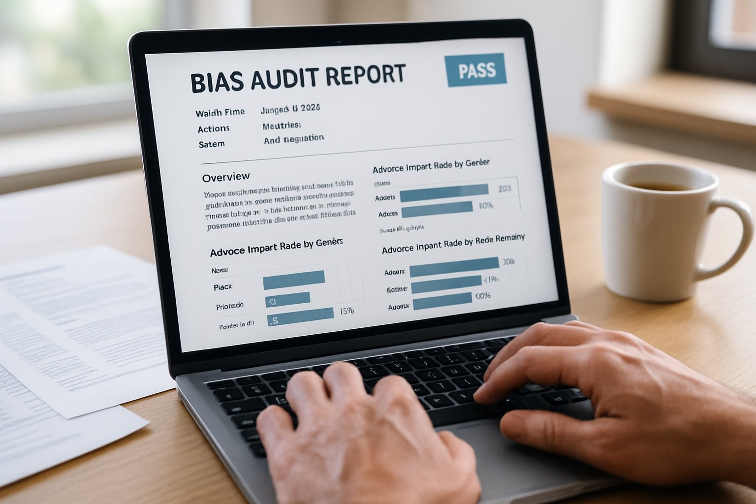 Realistic AI Recruitment Ethics bias audit report on HR manager's computer screen.