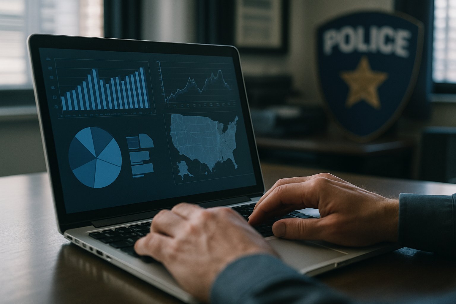 Police analyst reviews data on Predictive Policing Bias software dashboard