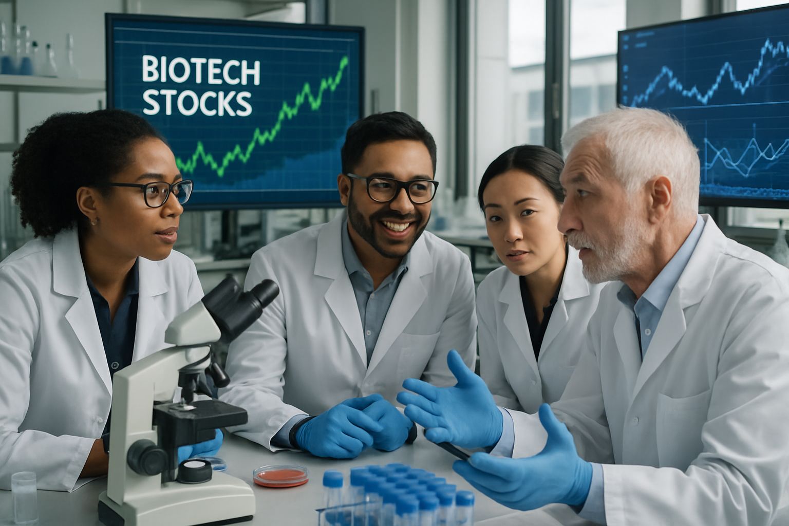 Biotech professionals discuss innovation as Biotech Stocks charts trend upwards.
