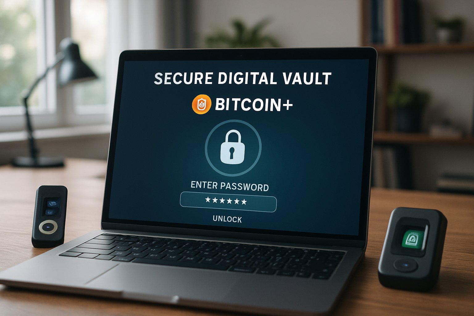 Bitcoin+ Security vault interface with hardware wallet and biometric authentication visible.