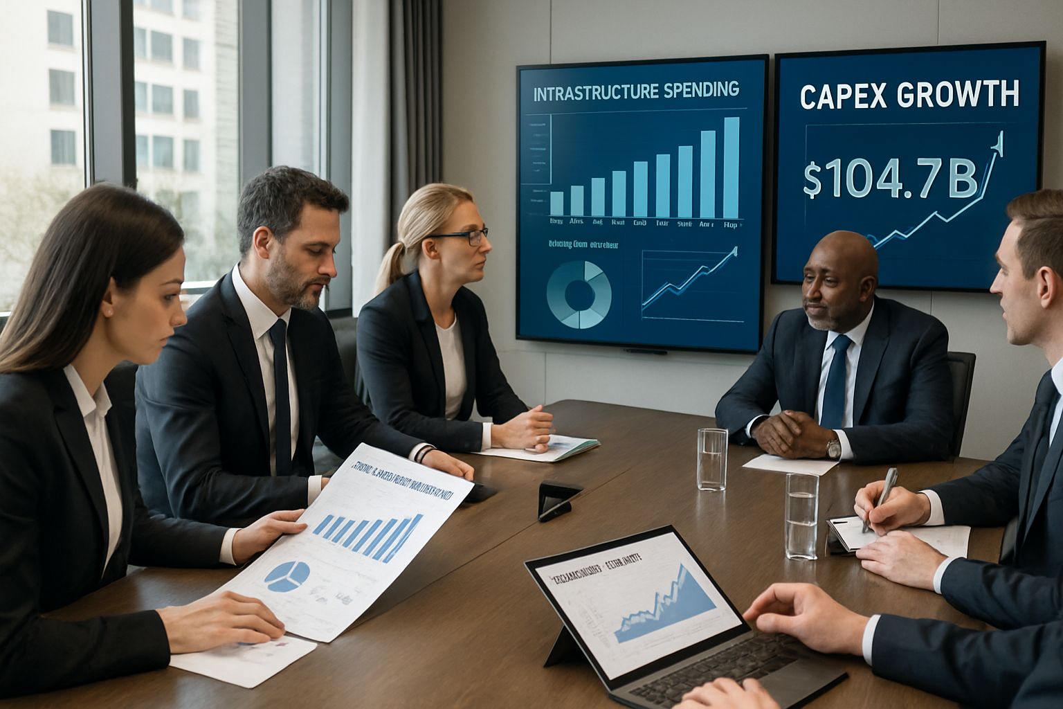 Infrastructure Investment Cycle analyzed by business executives discussing spending charts.