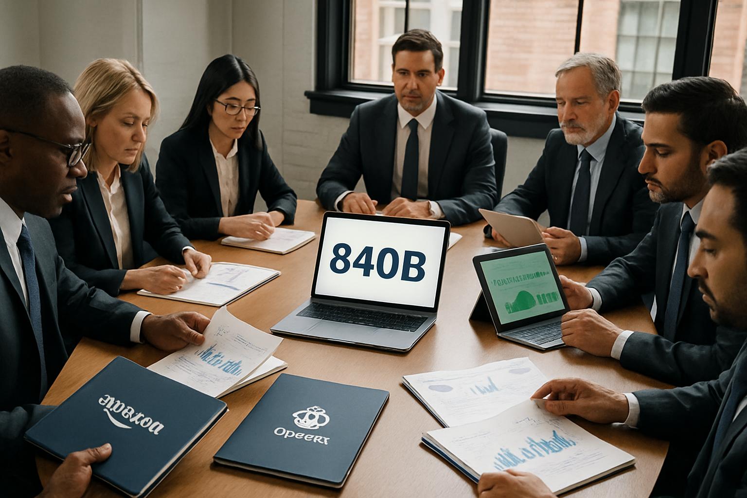 Business meeting analyzing OpenAI Valuation with executives and digital $840B charts.