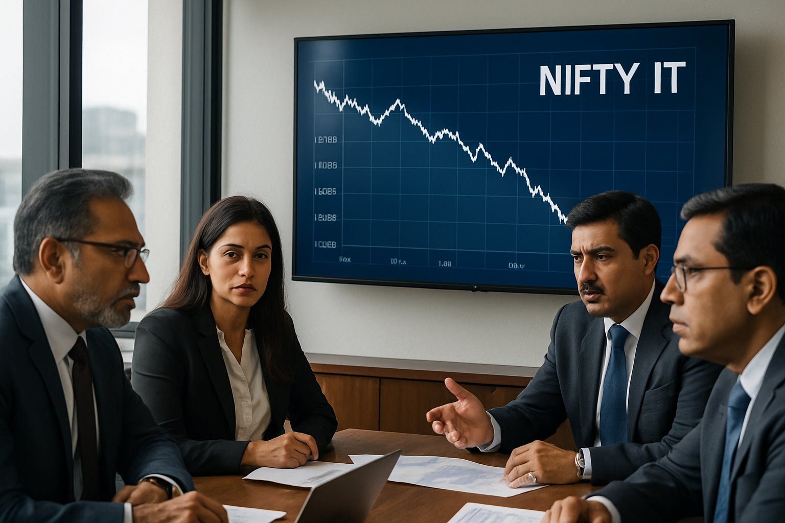 Executives discuss sharp index slump in IT sector boardroom meeting.