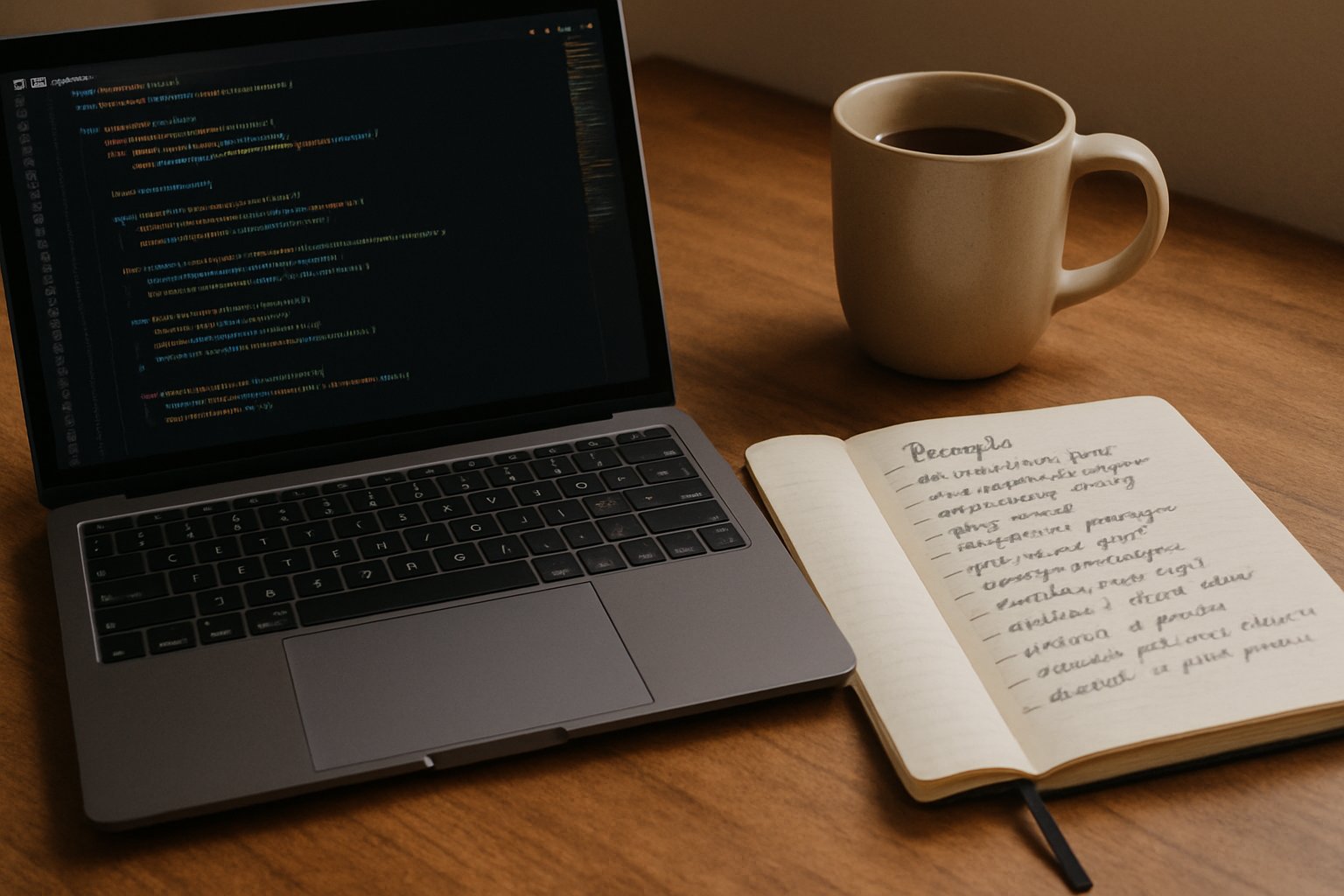 Prompt Engineering handwritten notes and laptop code on workspace