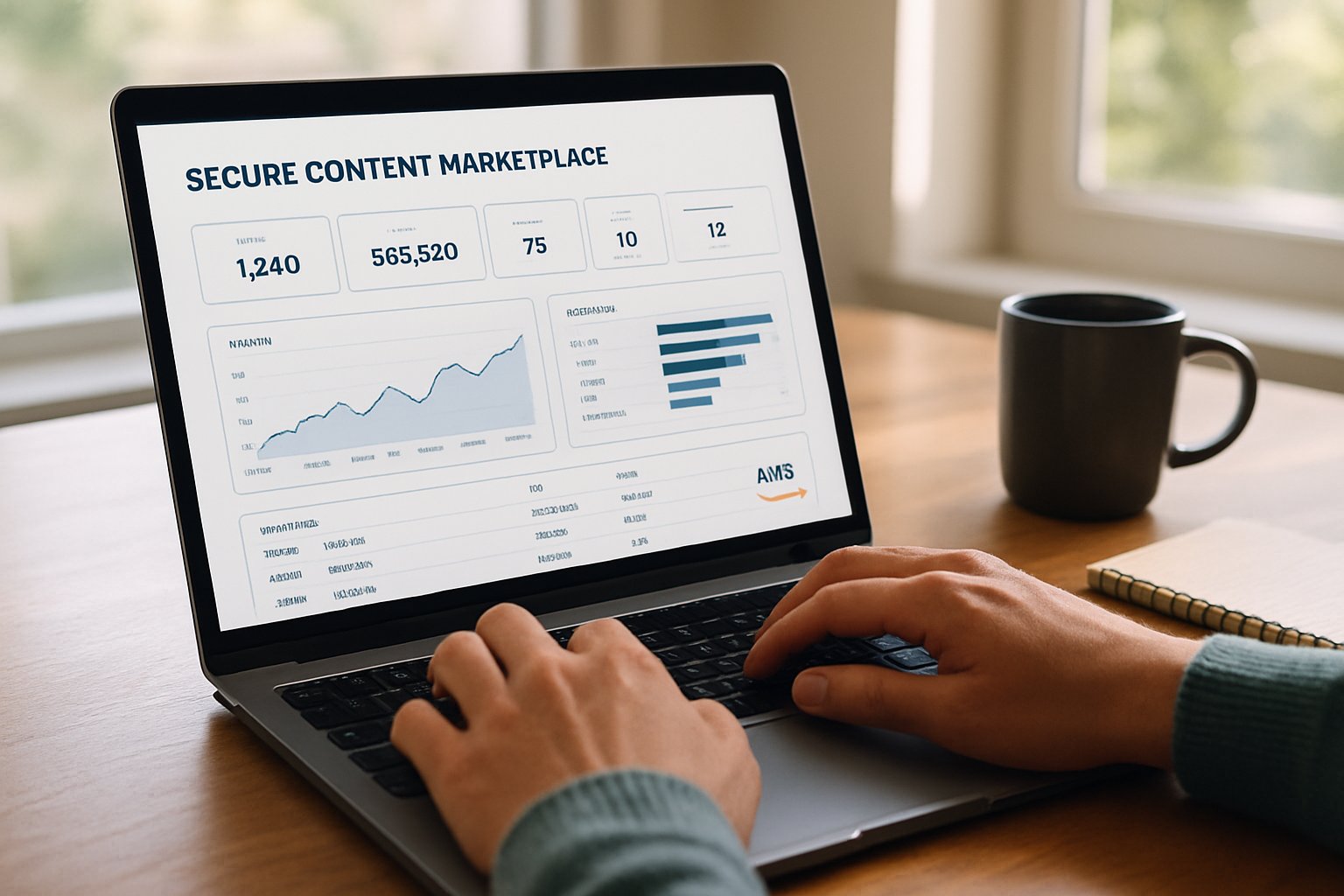 Hands on laptop browsing AI Training Licensing marketplace dashboard