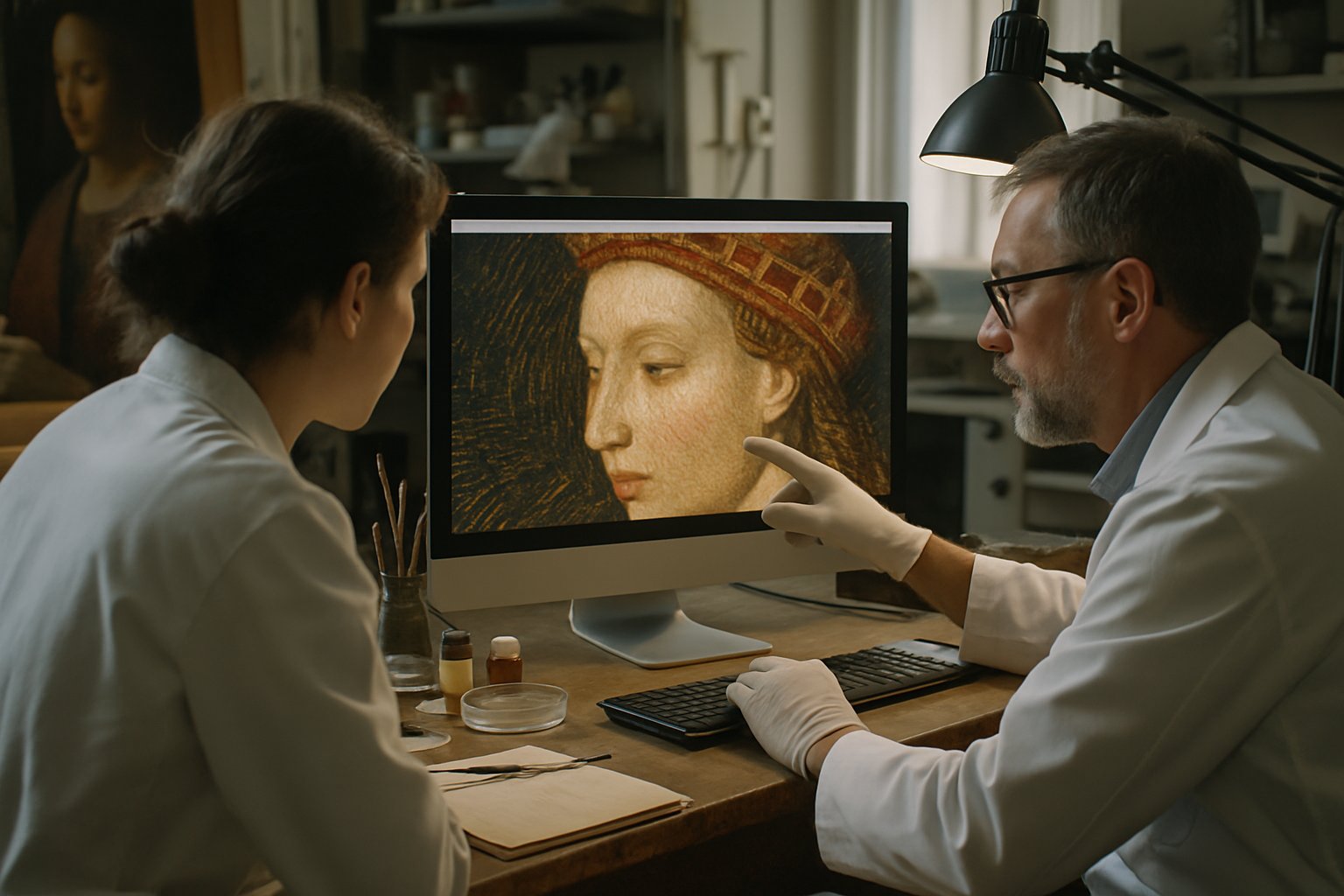 Art experts analyzing brushstrokes for Authentication Integrity in conservation lab.