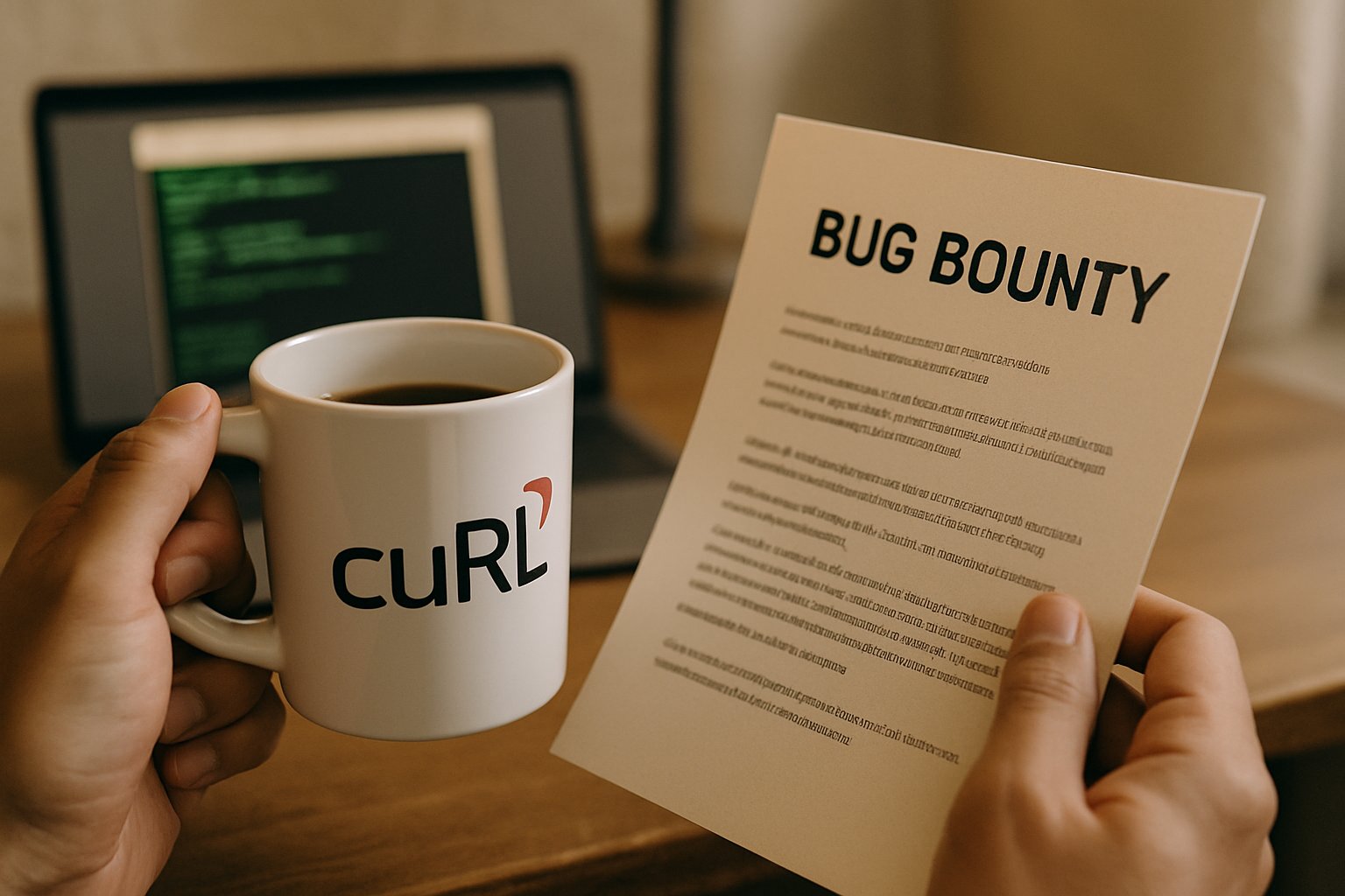 Open Source Sustainability and bug bounties in open source indicated by cURL mug and document.