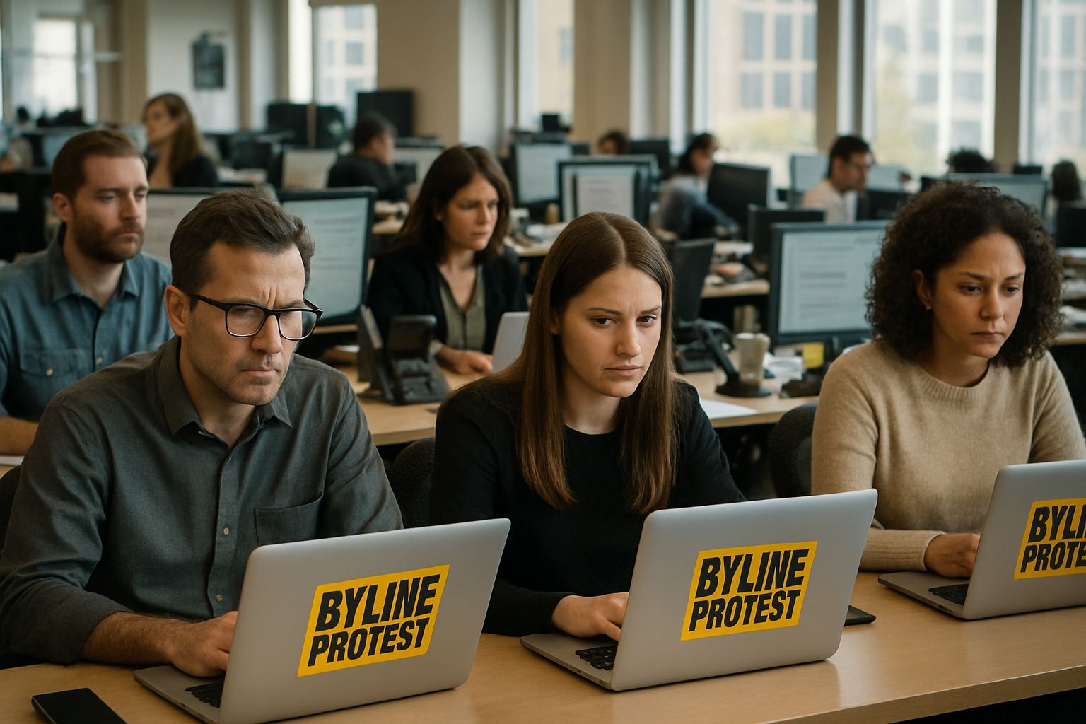 Newsroom staff participating in Byline Protest with stickers and focused work.