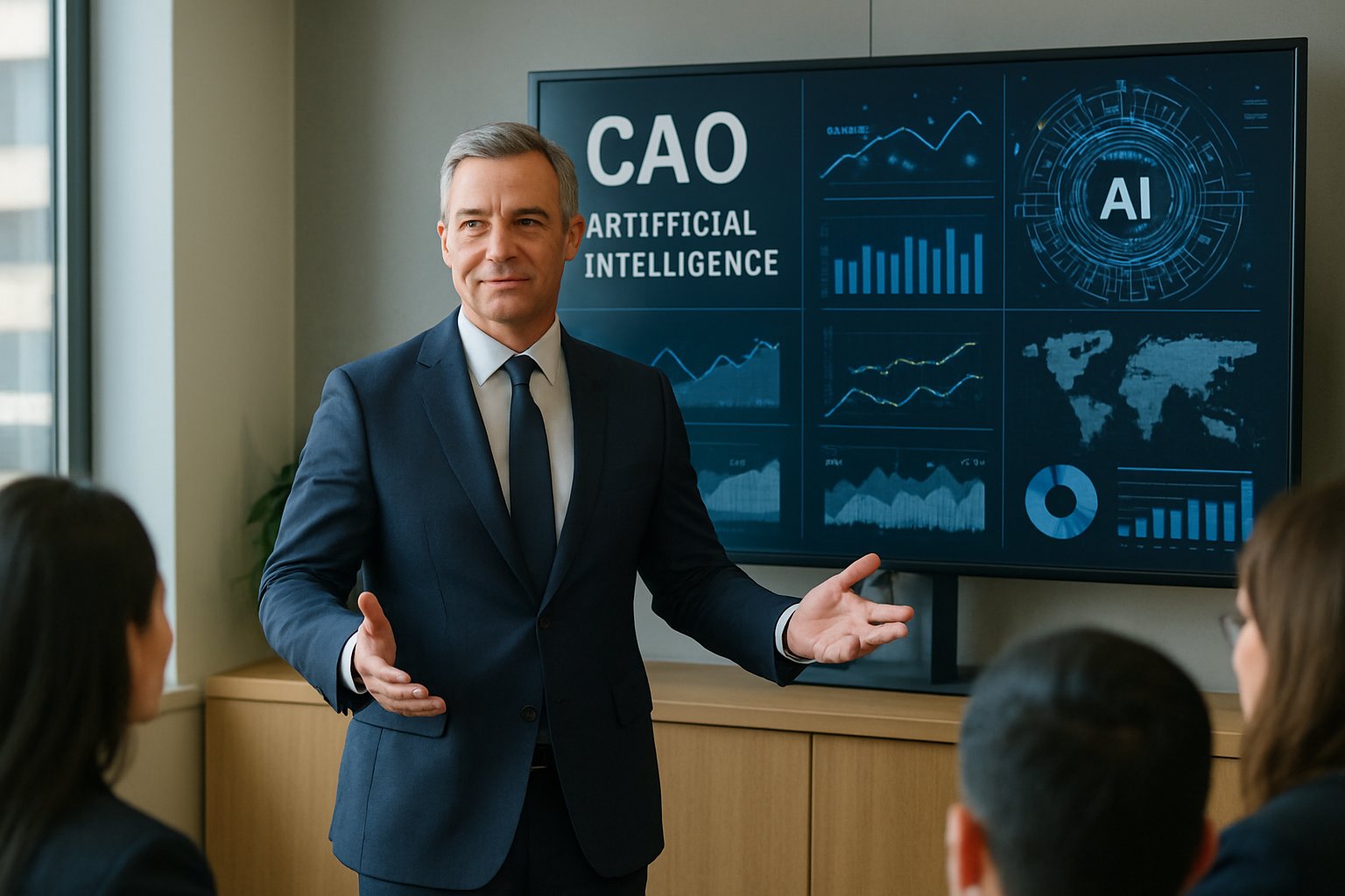 Chief AI Officer leading AI Chief Leadership meeting with data displays
