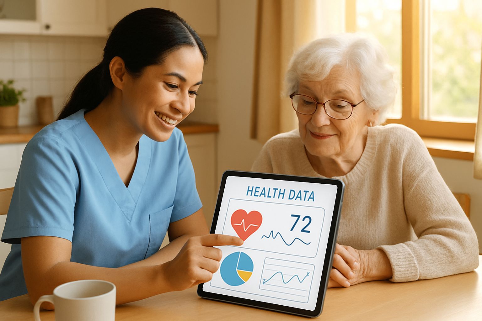 Home caregiver showing Family Healthcare AI to elderly woman.