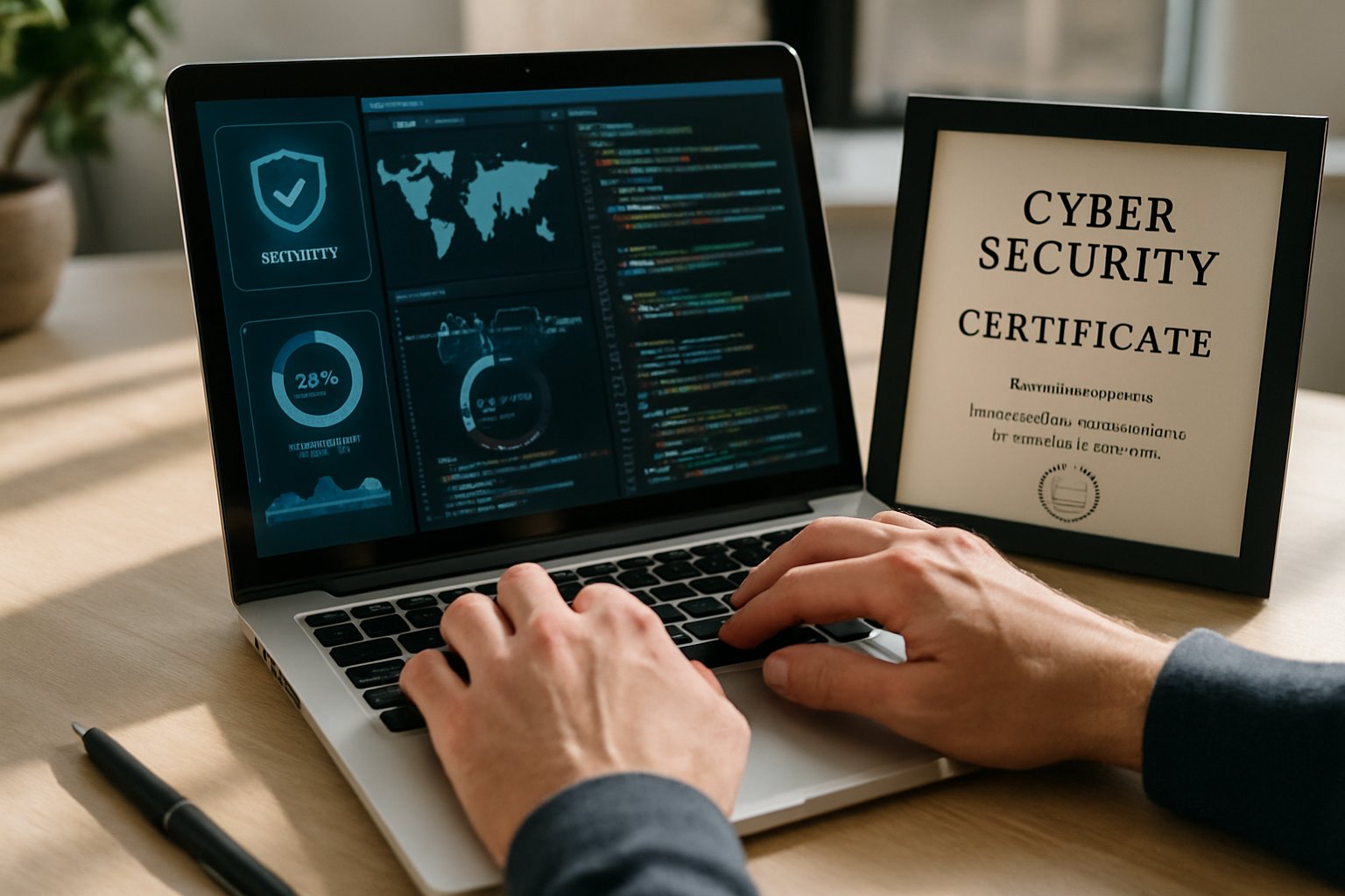 Cyber Security certification beside hands working on laptop security dashboard
