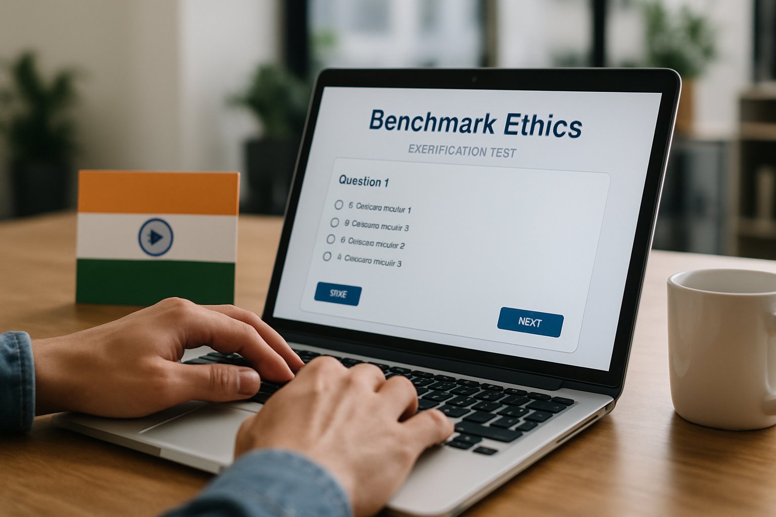 Hands taking Benchmark Ethics certification on laptop in Indian office setting