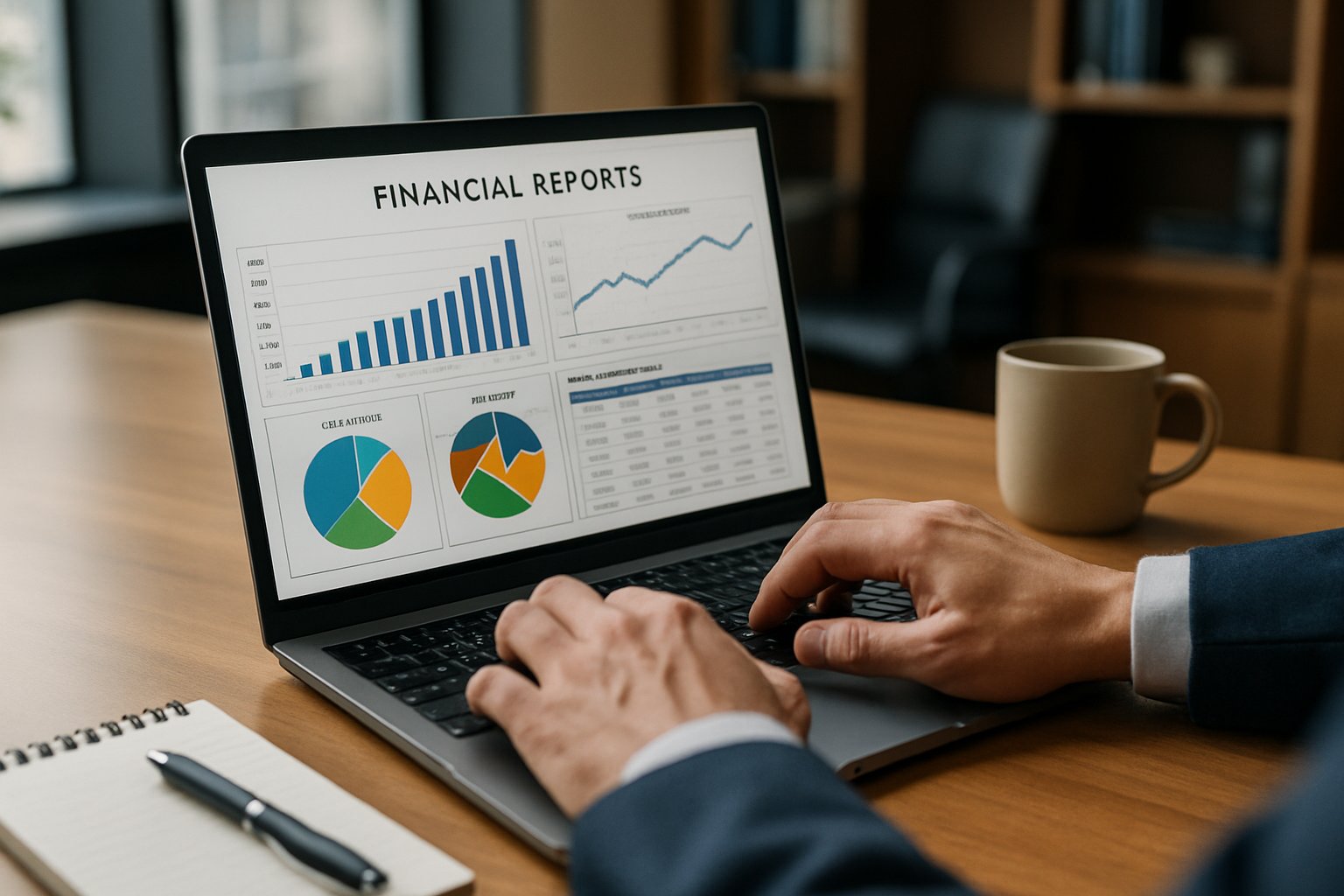 CFO reviewing Financial Reporting Automation outputs on laptop screen.