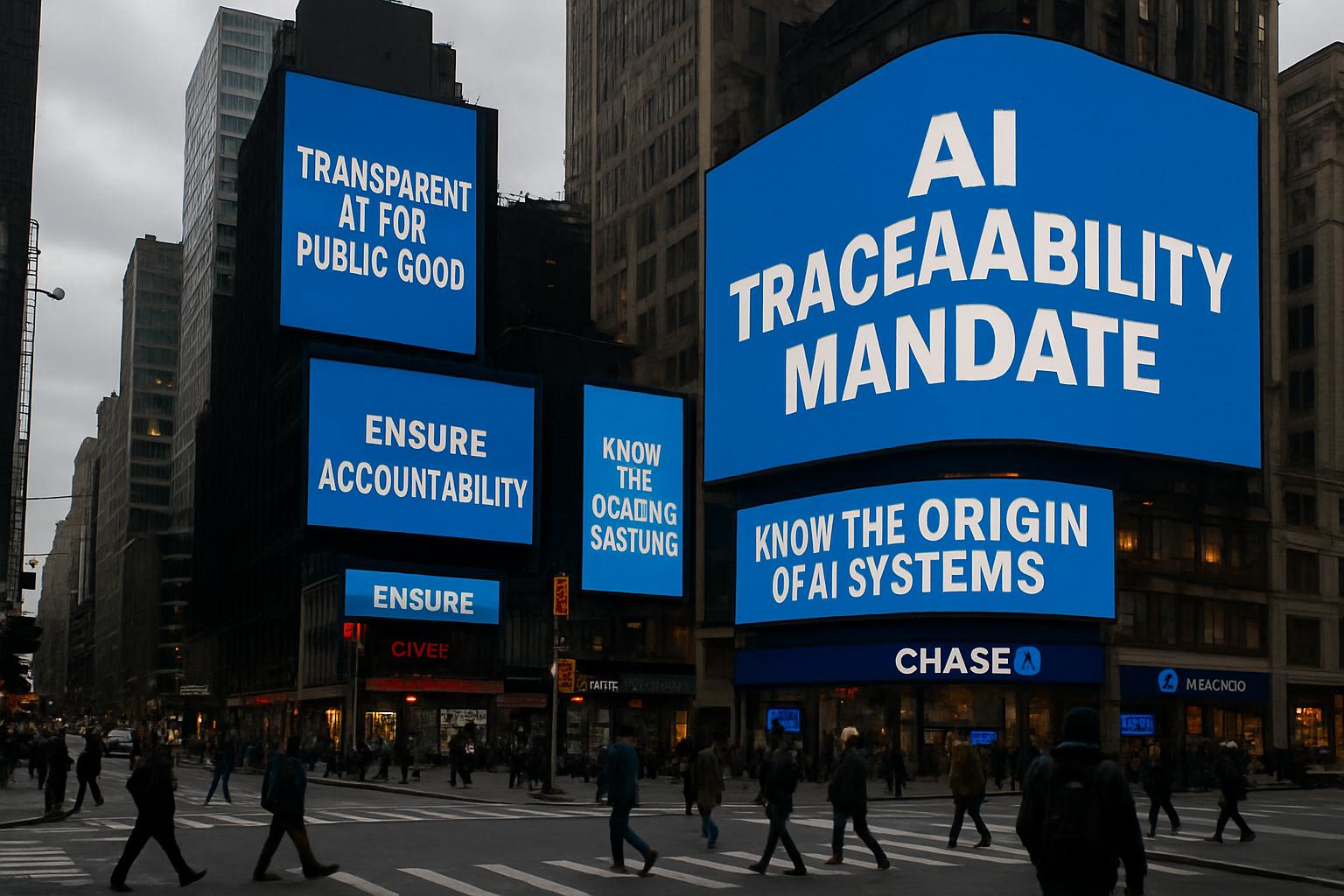 Urban city billboards displaying AI Traceability Mandate public information.