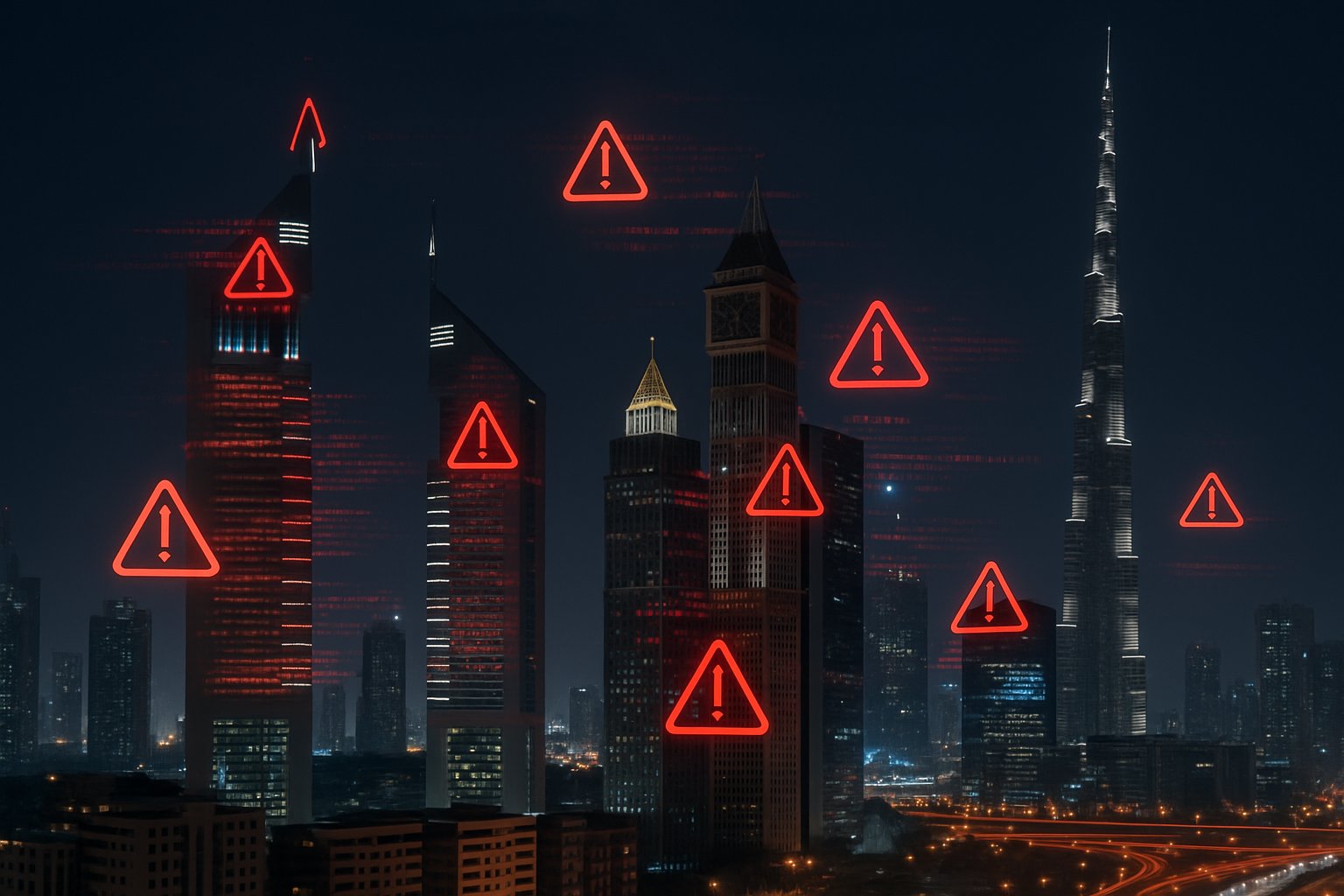 UAE city skyline protected during Cyberattack Wave with defense overlays.