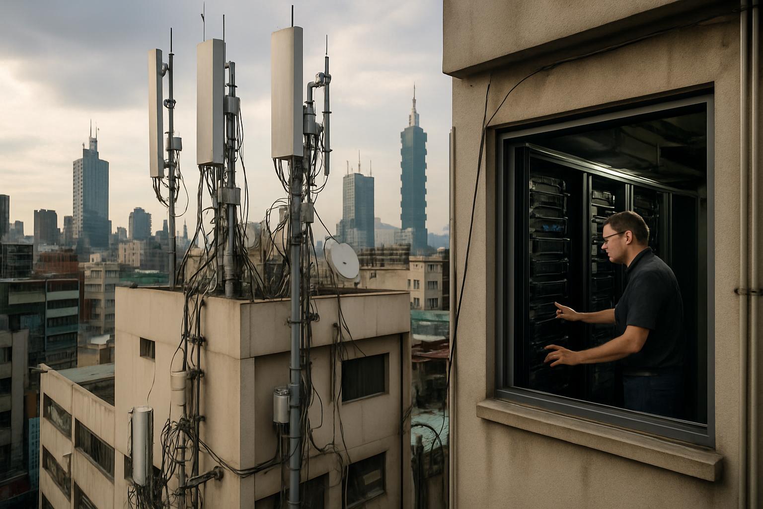 Telecom infrastructure and technician supporting Cybersecurity Regional Expansion in APAC city.