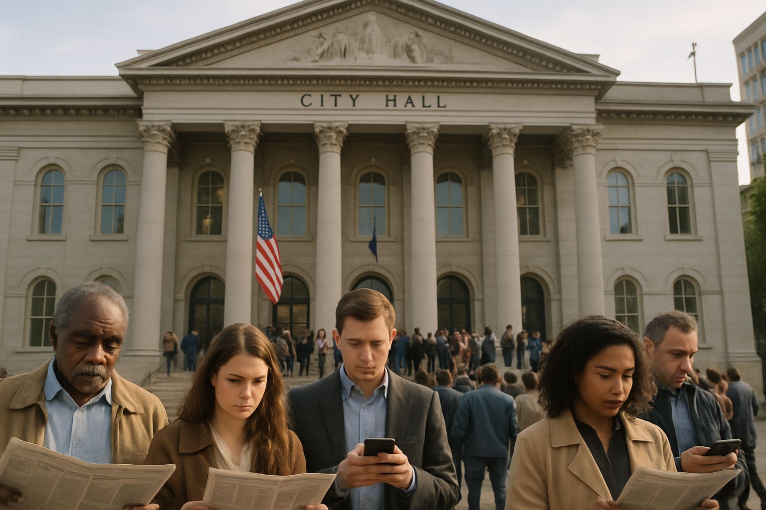Public at city hall engaging with news as Democratic Infrastructure.