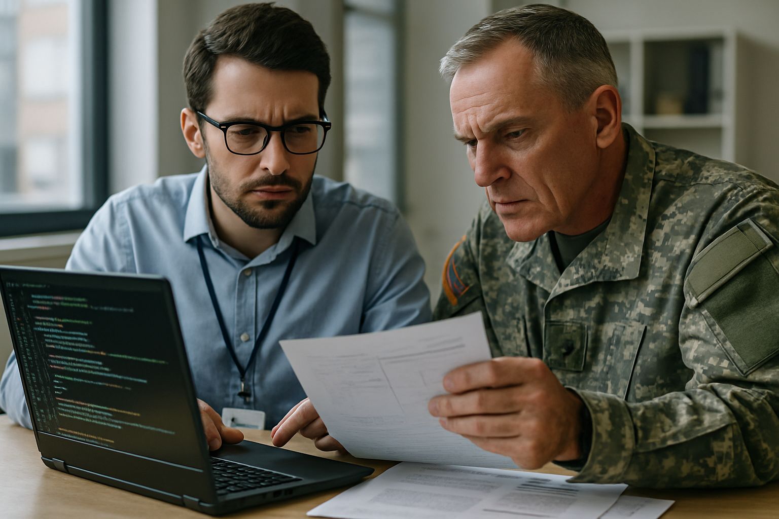 AI engineer and military advisor discuss Military AI Safeguards over technical documents.