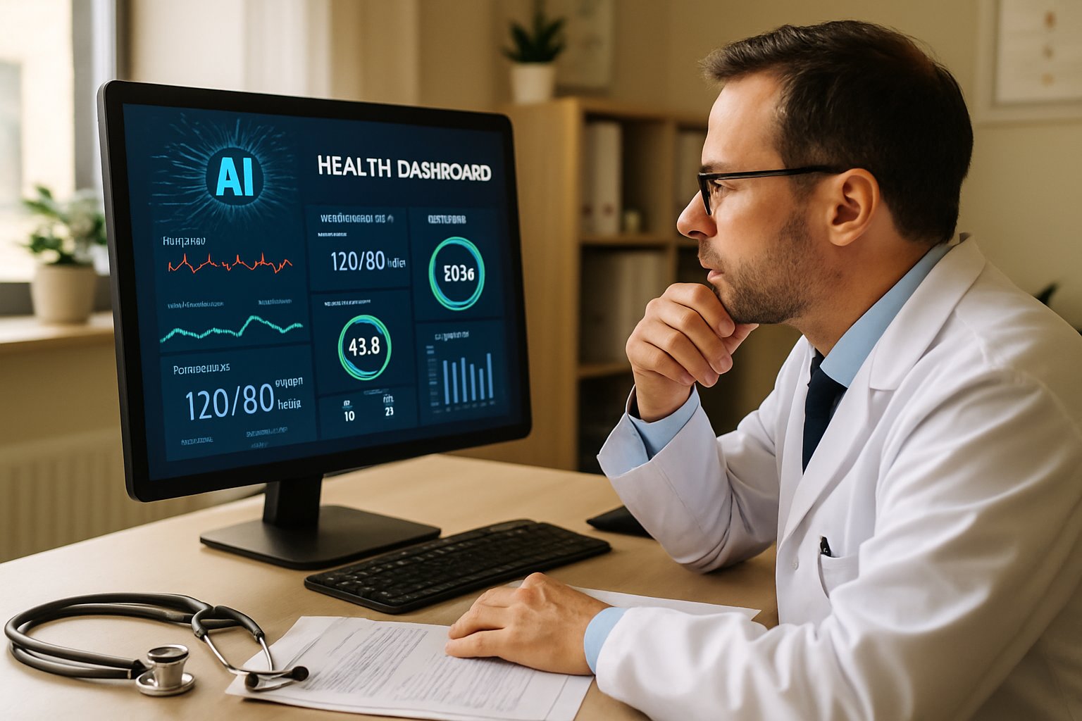 Clinician evaluates AI-powered health dashboard to address AI Healthcare Reliability concerns.