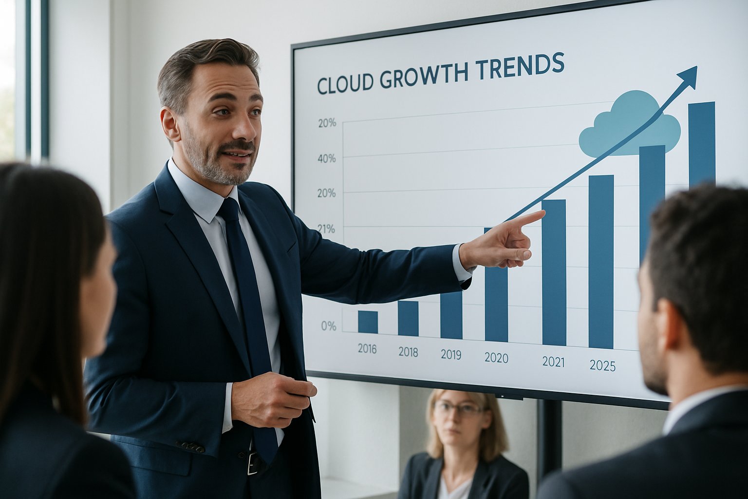 Business executive presenting Cloud Business Development growth statistics.