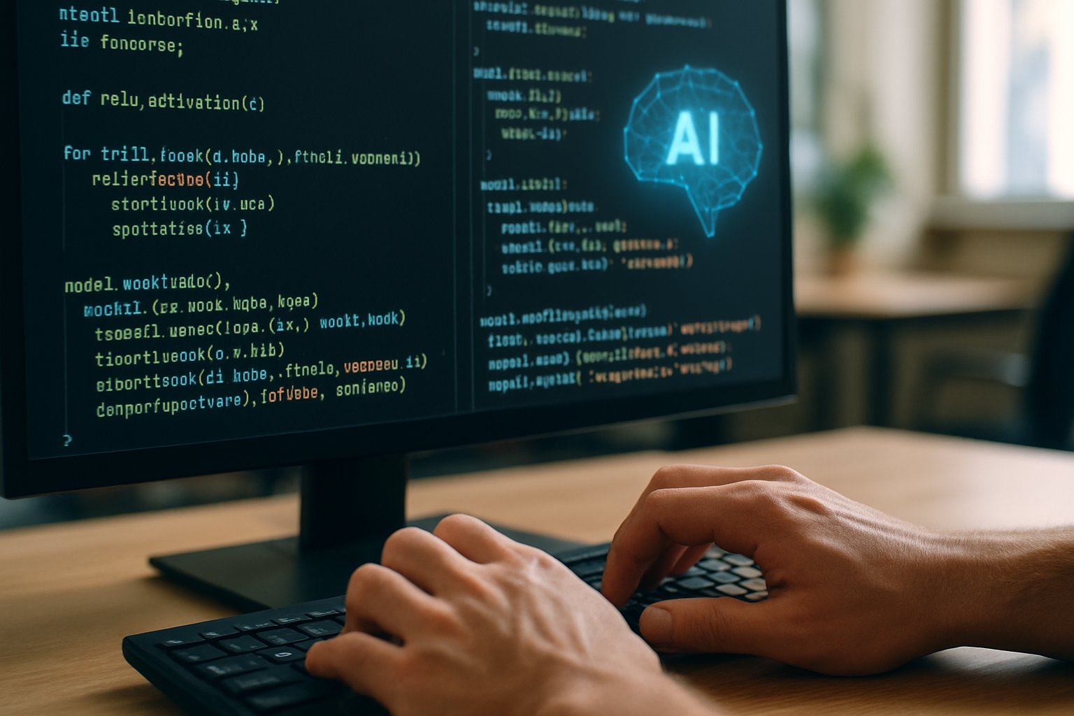 Hands coding AI Development algorithms on a computer with clear code visible.