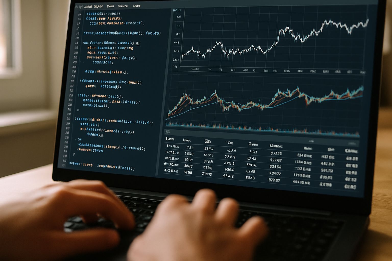 AI Developer coding software with stock market graphs on screen