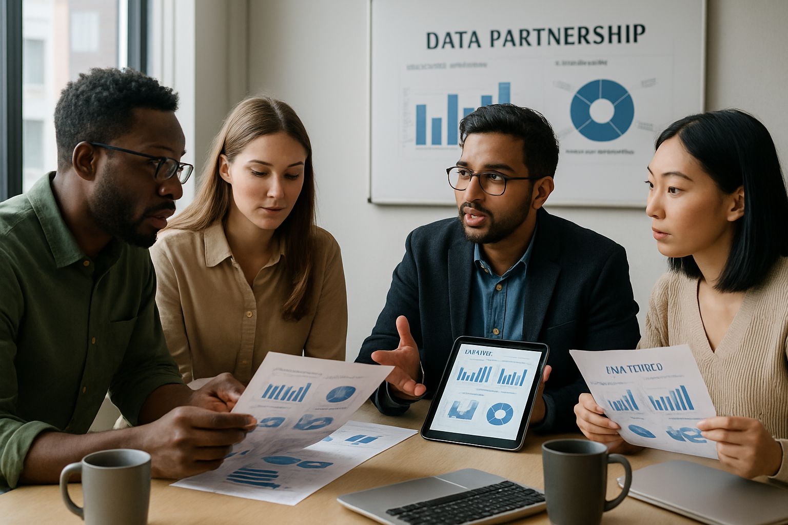 Ads Integration teamwork analyzing campaign analytics in collaborative office.