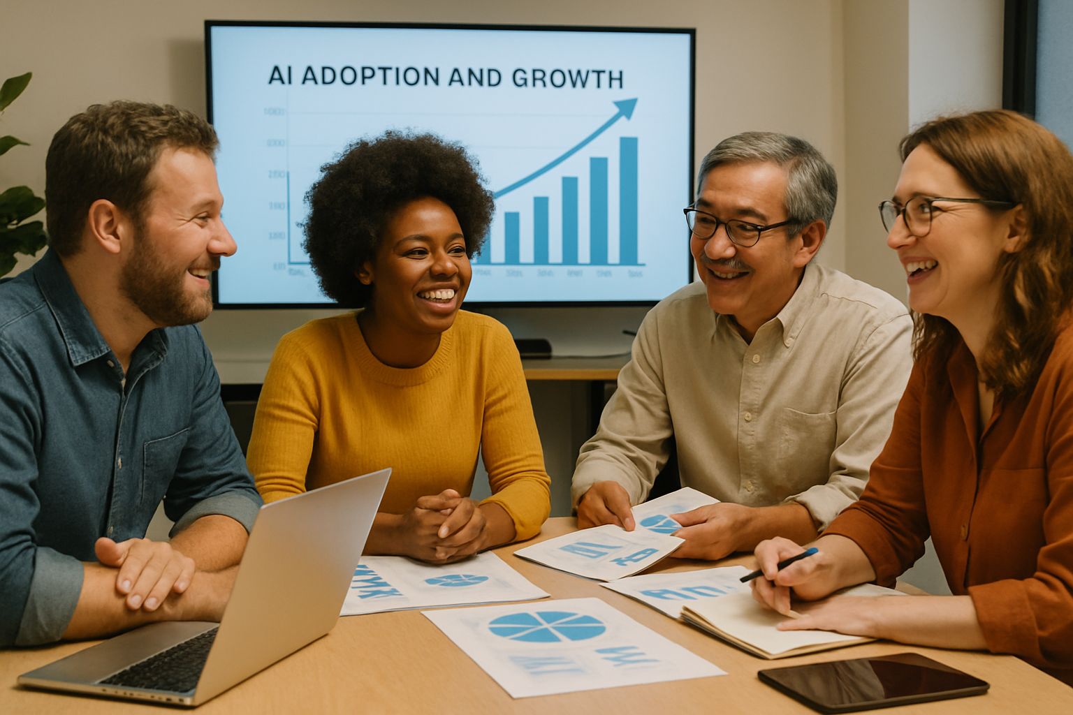 Small Business team discussing AI growth strategies in a realistic meeting room.