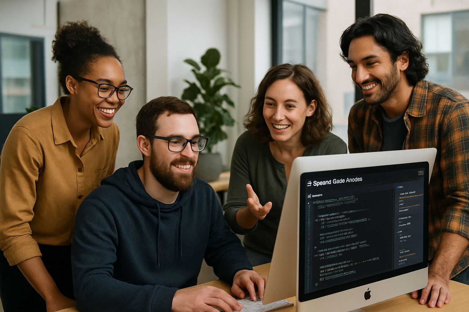 Developers using OpenAI Codex Desktop for collaborative coding in a Mac office.