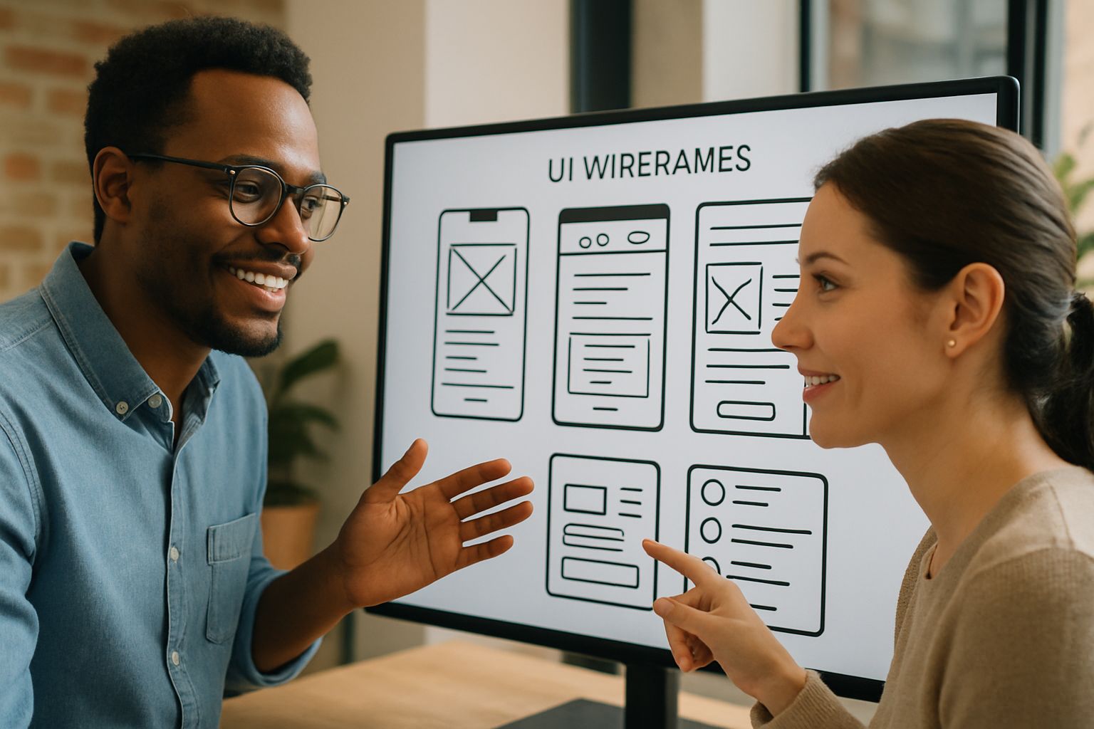 AI UX Designer collaborates with colleague to review UI wireframes and build trust