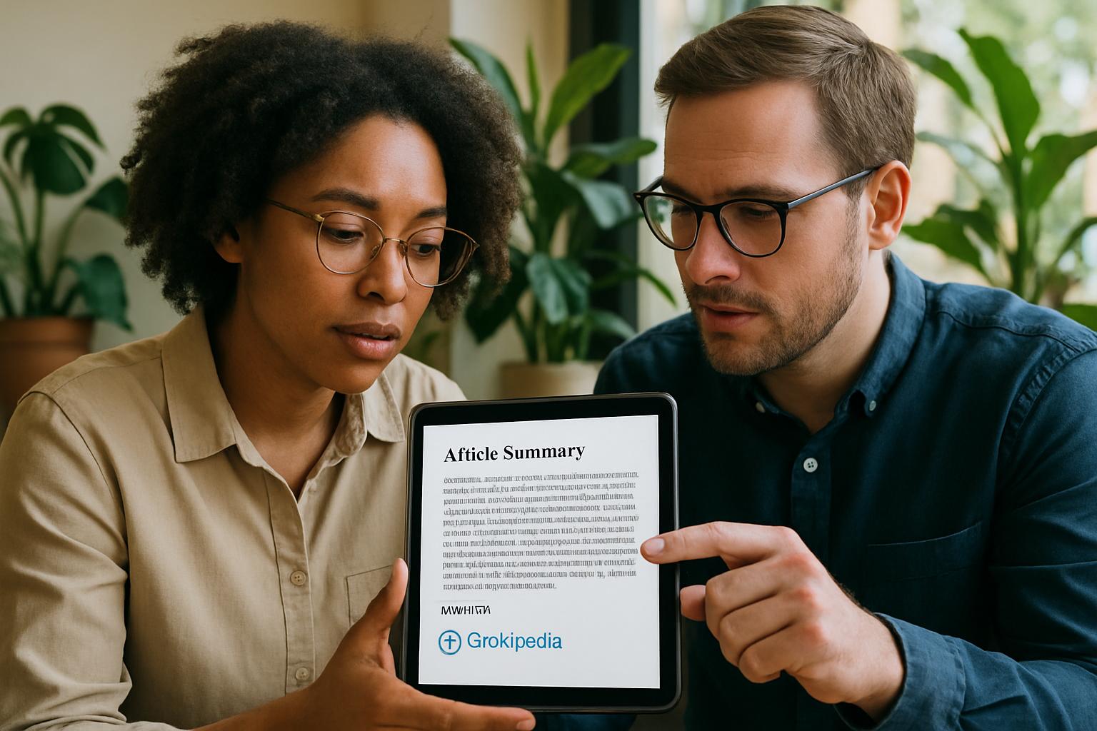 Colleagues reference Grokipedia on a tablet in a bright meeting space.
