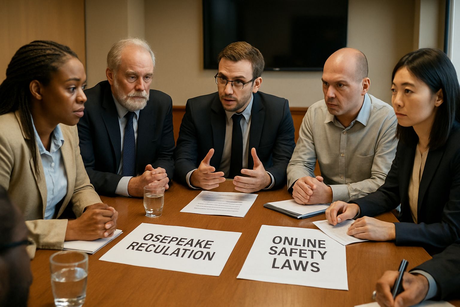 Policymakers and tech experts discuss Gendered Violence solutions in a real conference room.