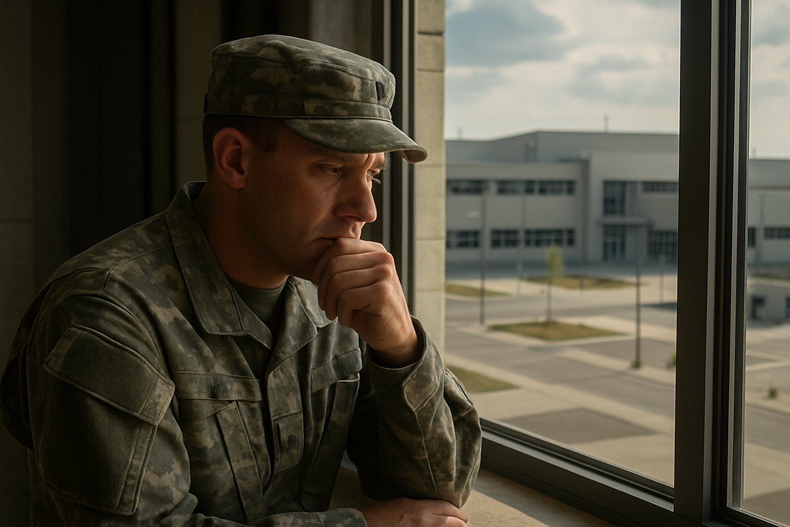 Military commander reflecting on Military Ethics Crisis in base office.