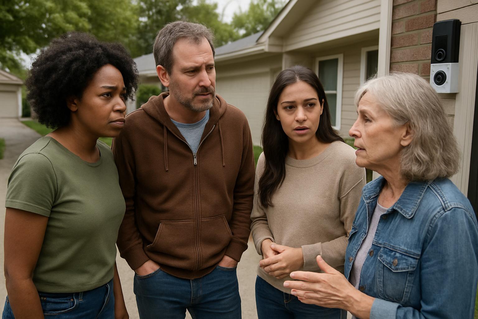 Neighbors discuss Ring Privacy Backlash and facial recognition at a residential street.