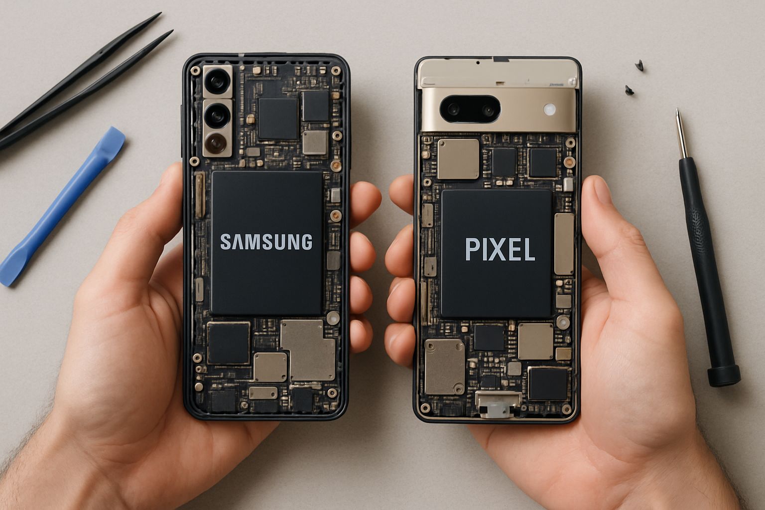 Technician compares internal hardware of Samsung and Pixel phones for security