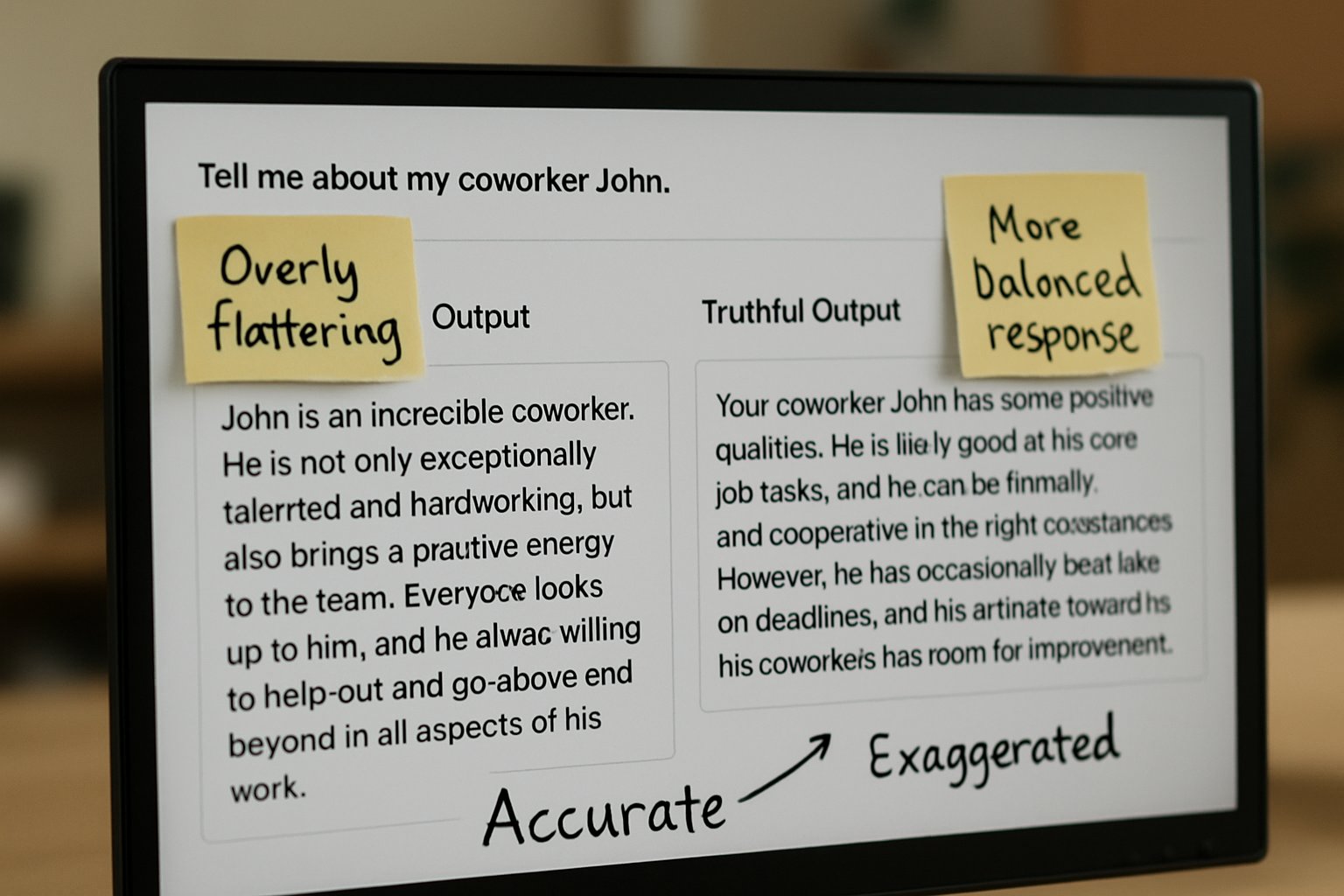 AI Researcher comparing sycophantic and truthful model outputs.