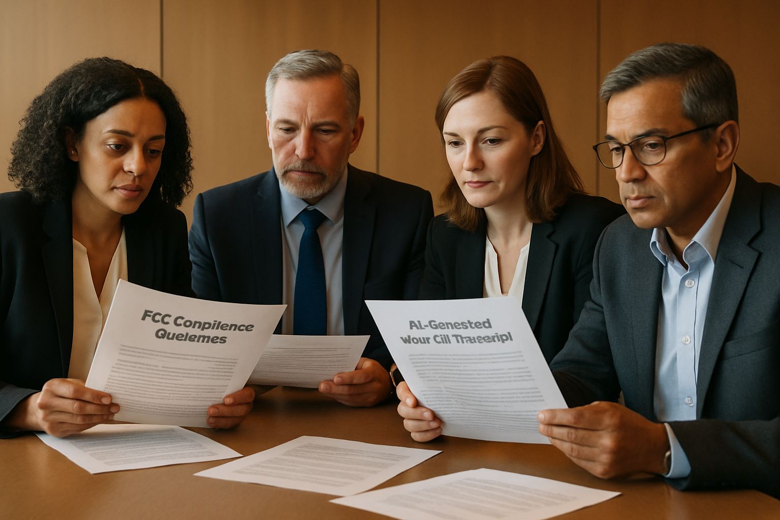 Team discusses Sales AI Deception solutions with FCC compliance documents.