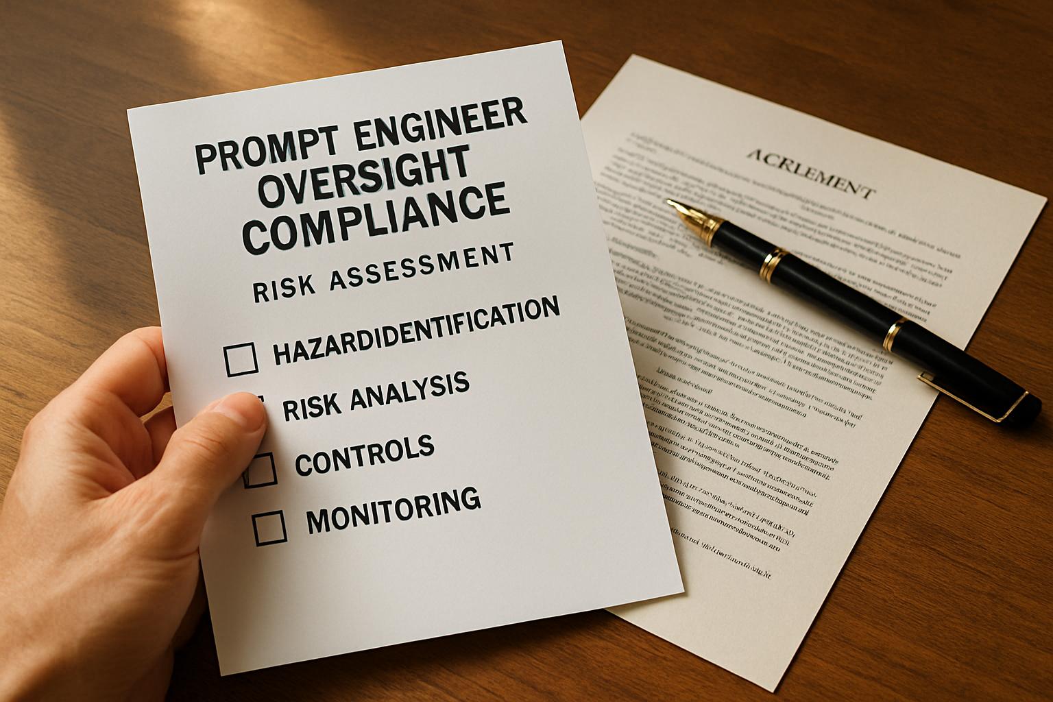 Prompt Engineer Oversight compliance checklist with legal documents and pen
