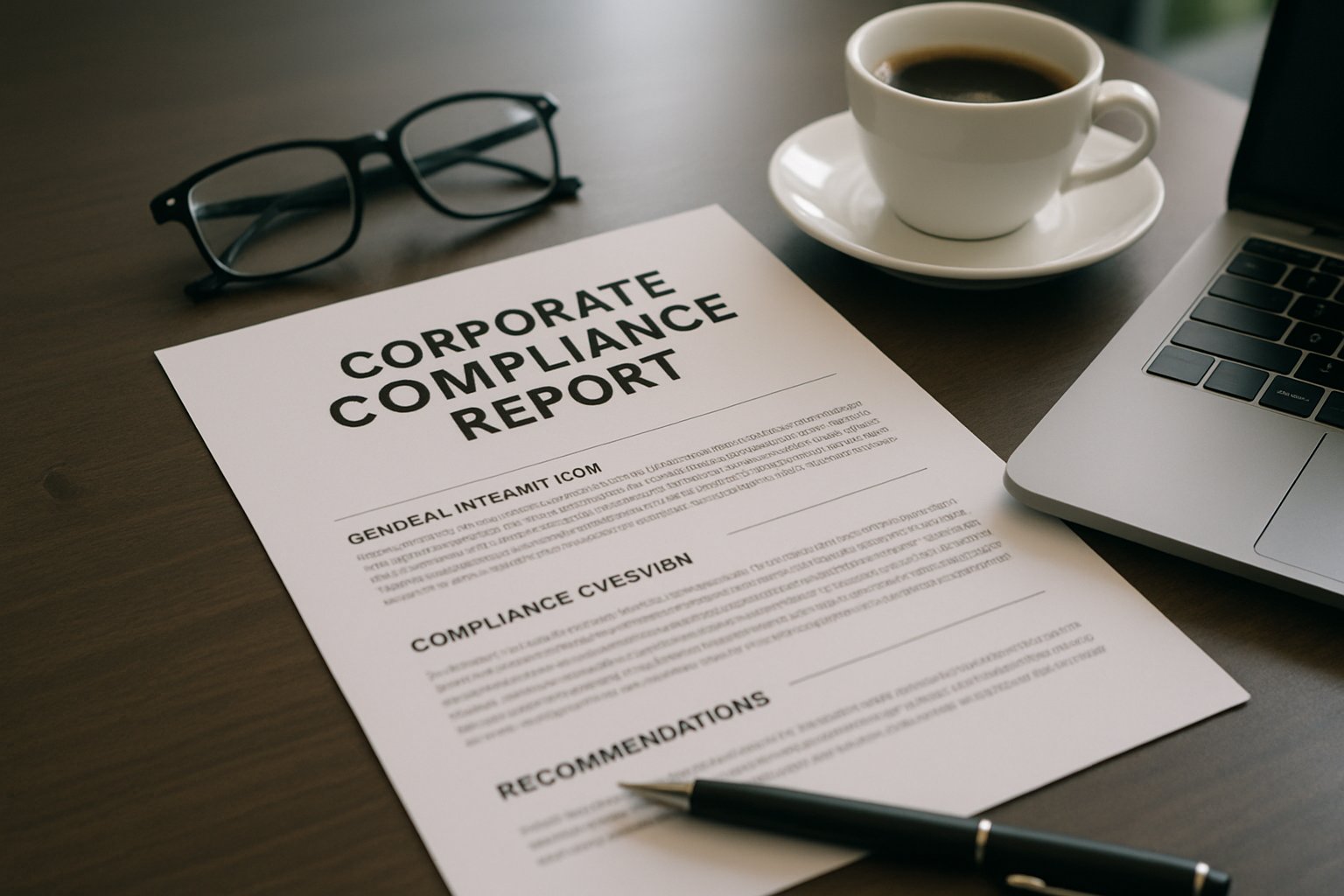 Corporate Compliance report on office desk for tech industry illustration.