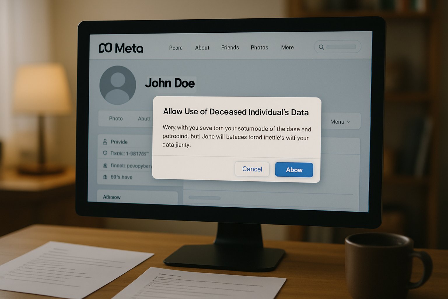 AI Ethics concerns highlighted as Meta interface requests consent for deceased user data use.