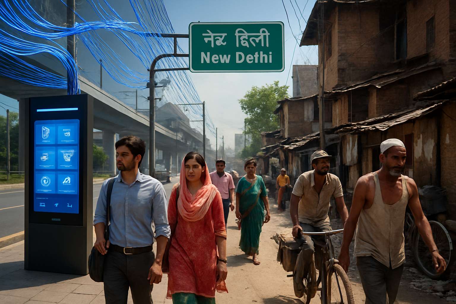 New Delhi cityscape illustrating the Digital Divide with contrasting infrastructure.