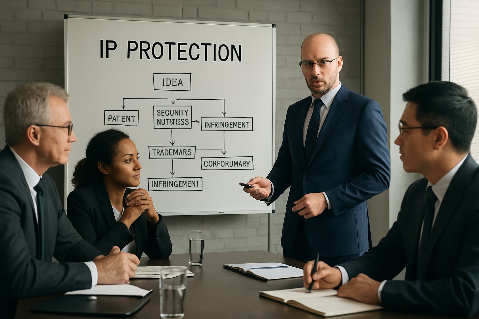 Business executives discuss Intellectual Property security in a corporate meeting room.