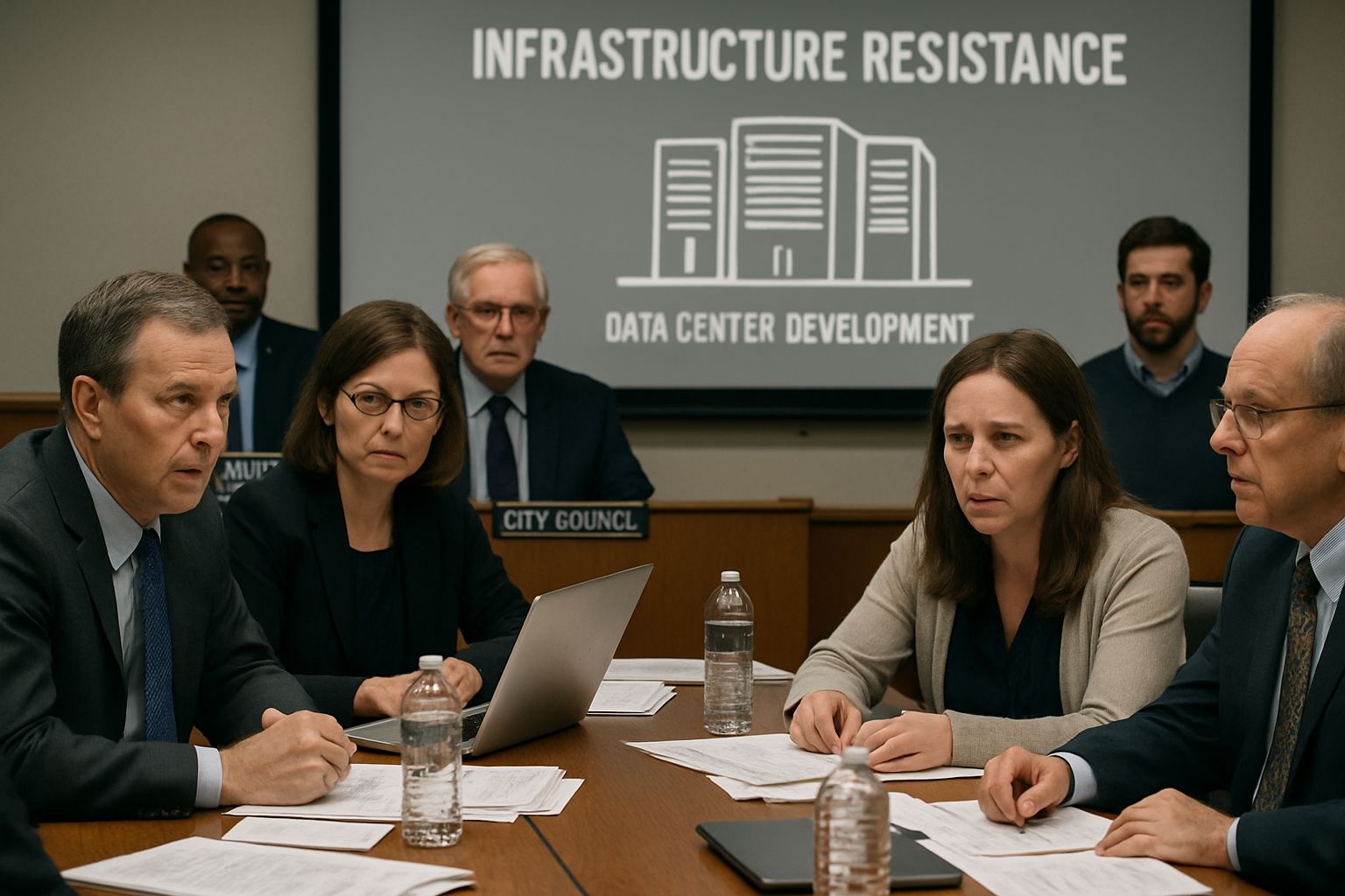 City council meeting debating Infrastructure Resistance and data center projects