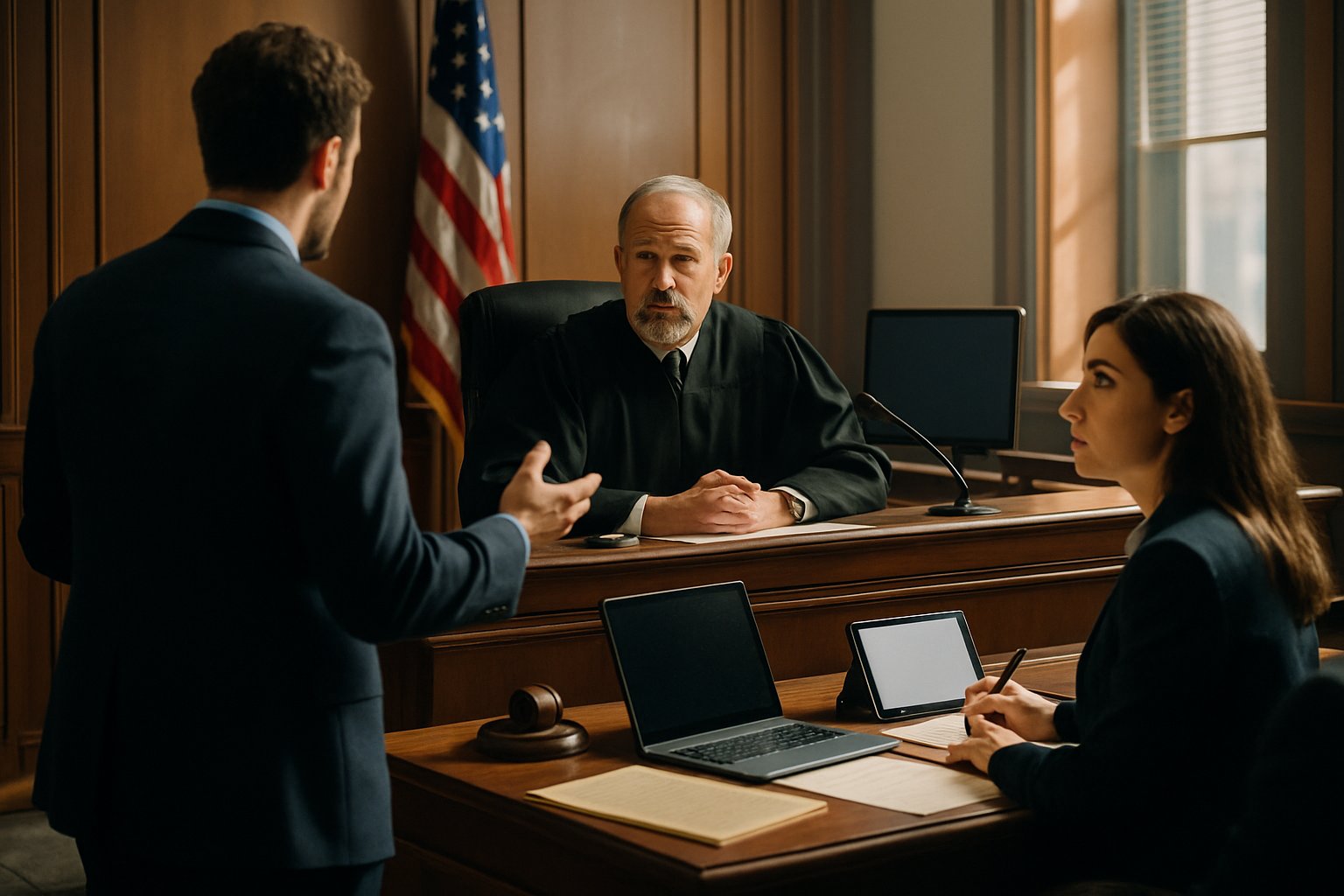 Courtroom image showing AI Legal arguments between attorneys and judge.
