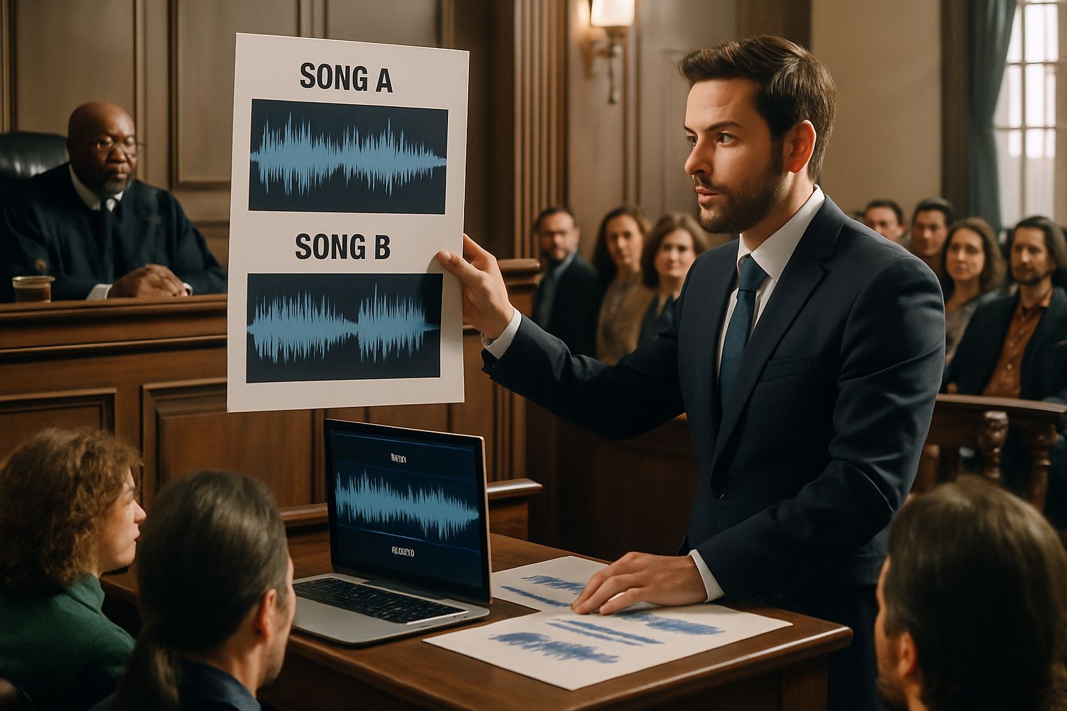 Attorney presenting audio deepfakes evidence during music copyright lawsuit.