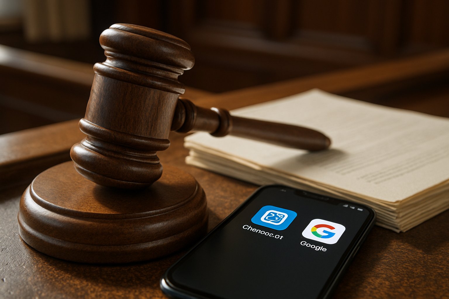 Courtroom bench featuring Litigation evidence and Character.AI icons