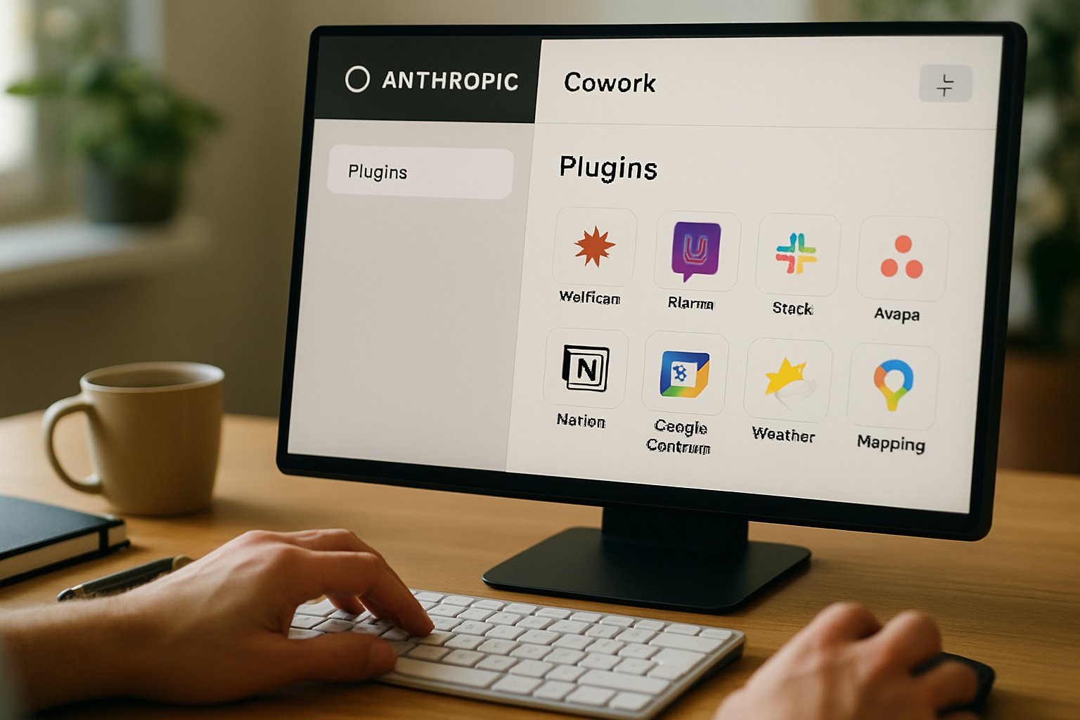 Computer screen showing Anthropic Cowork platform using agentic plugins for enterprise tasks.
