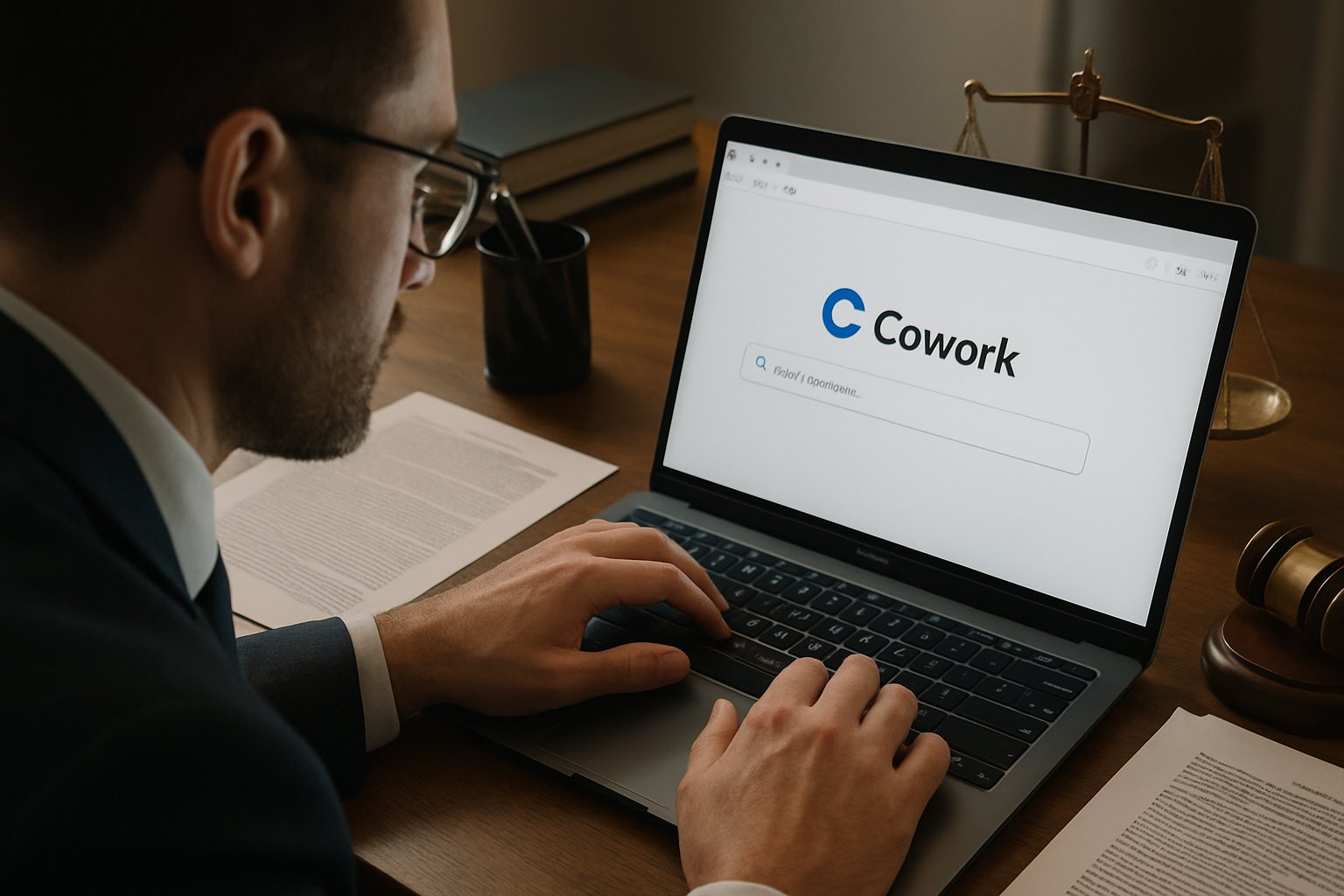 Lawyer using Cowork plugin amid Anthropic Legal Disruption in tech workspace.